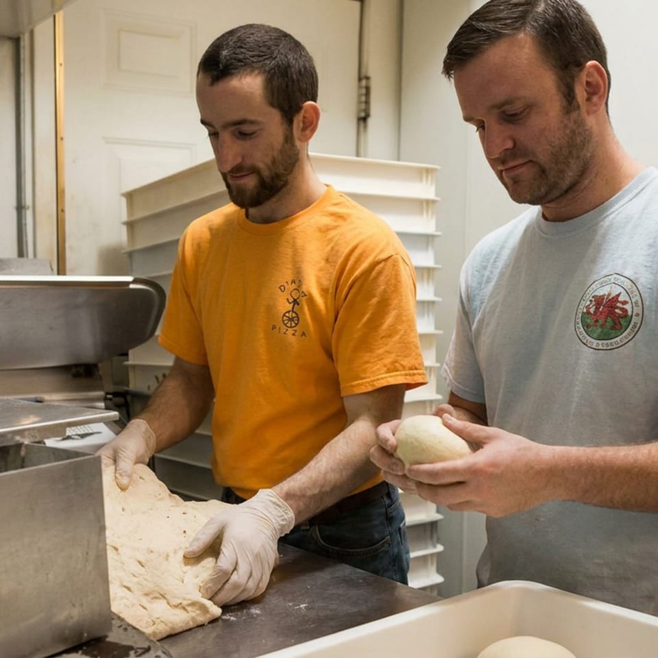 Two pizzeria workers prepare dough in a commercial kitchen, with one stretching dough beside an open pizza oven.