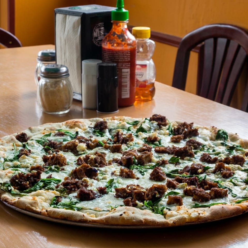 Large thin-crust pizza topped with melted cheese, leafy greens, and browned meat sits on a wooden restaurant table.