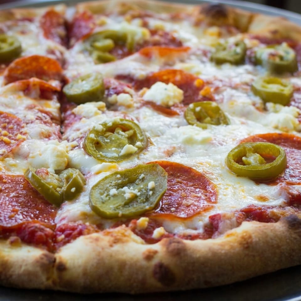 Close-up of pepperoni pizza with melted cheese, jalapeño slices, crumbled cheese, and a charred crust on a metal tray.